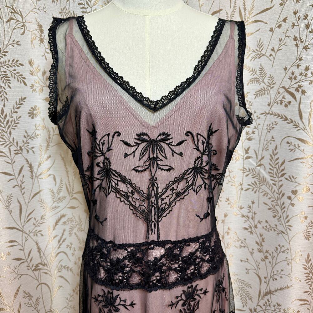 Newport News VTG Y2K Lace Mesh Flapper Dress 10 Black Pink Art Deco Gatsby 1920s - Picture 3 of 14